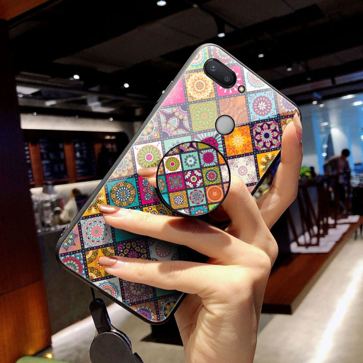 For Xiaomi Redmi Note 10 4G / Note 10S Painted Ethnic Pattern Tempered Glass TPU Shockproof Case with Folding Magnetic Holder & Neck Strap