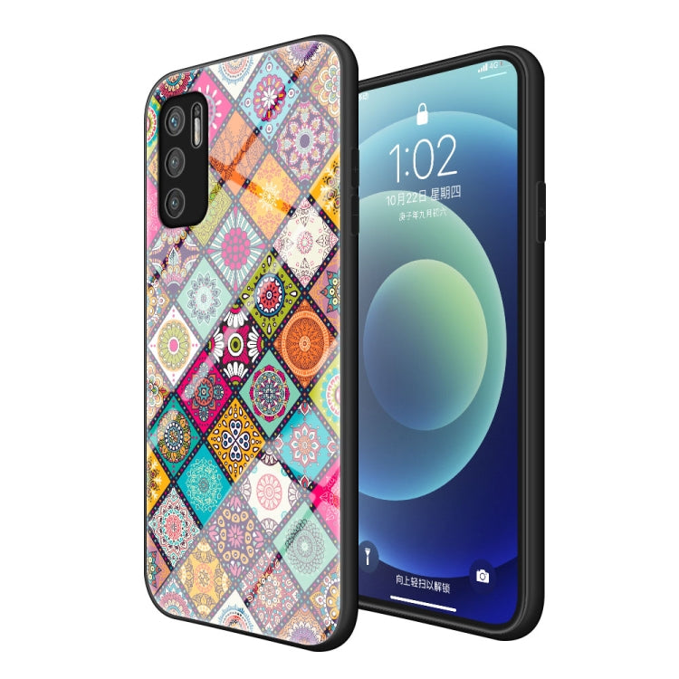 For Xiaomi Redmi Note 10 5G Painted Ethnic Pattern Tempered Glass TPU Shockproof Case with Folding Magnetic Holder & Neck Strap