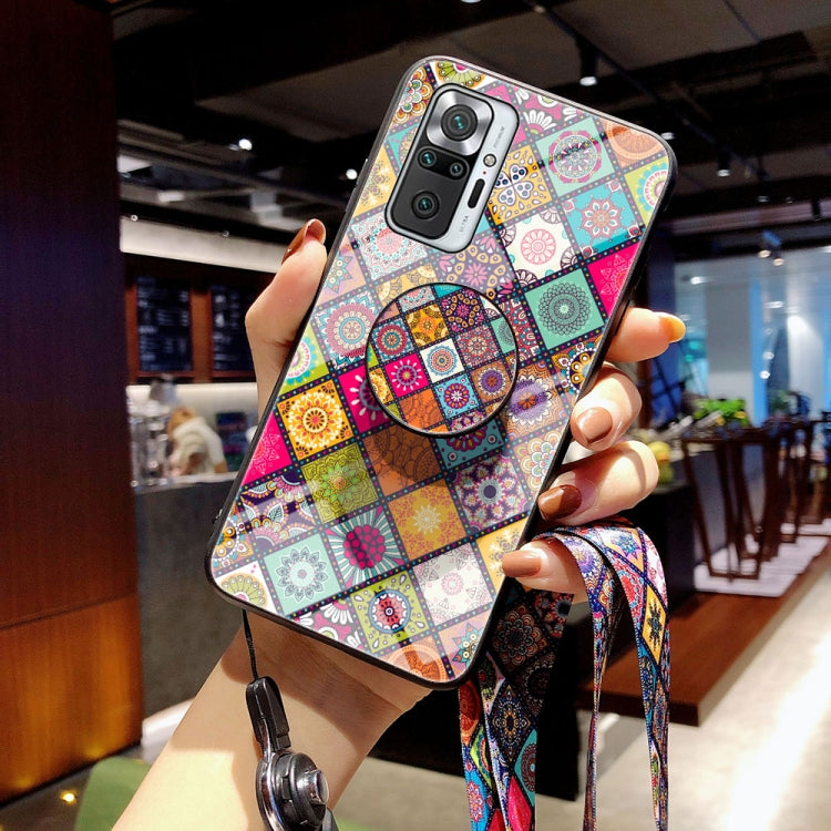 For Xiaomi Redmi Note 10 Pro Painted Ethnic Pattern Tempered Glass TPU Shockproof Case with Folding Magnetic Holder & Neck Strap