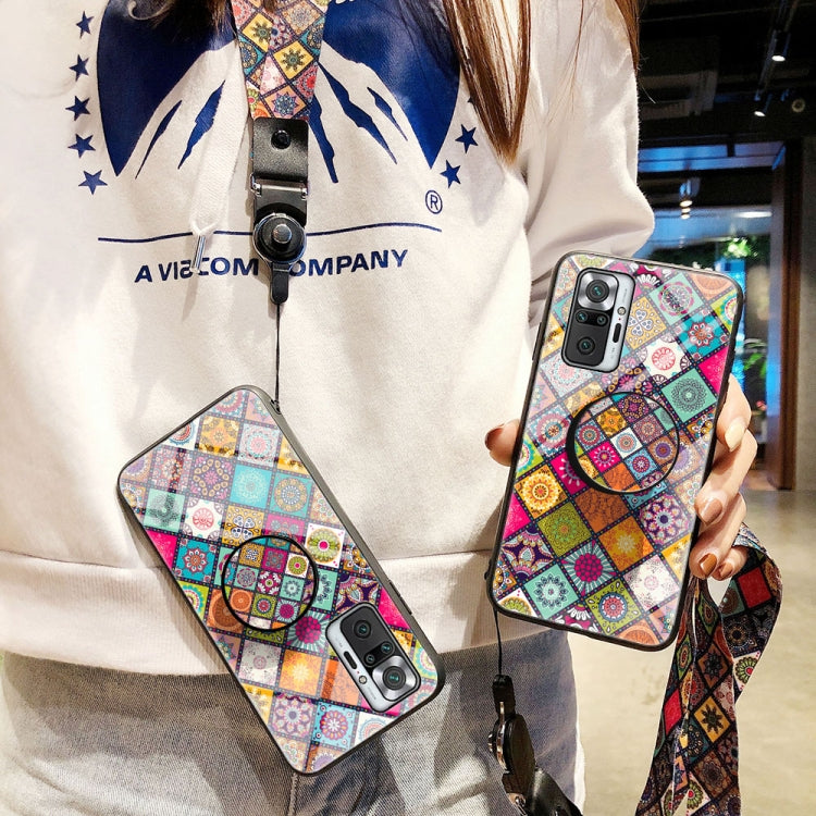 For Xiaomi Redmi Note 10 Pro Painted Ethnic Pattern Tempered Glass TPU Shockproof Case with Folding Magnetic Holder & Neck Strap