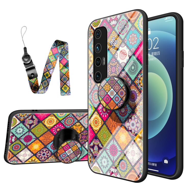 For Xiaomi Mi 10S Painted Ethnic Pattern Tempered Glass TPU Shockproof Case with Folding Magnetic Holder & Neck Strap