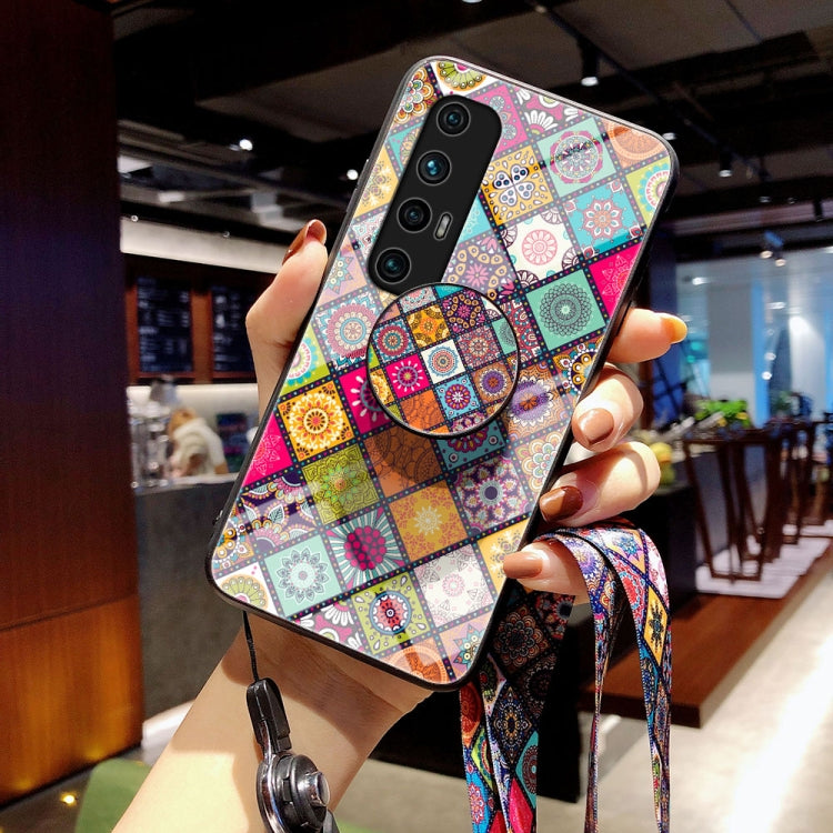 For Xiaomi Mi 10S Painted Ethnic Pattern Tempered Glass TPU Shockproof Case with Folding Magnetic Holder & Neck Strap