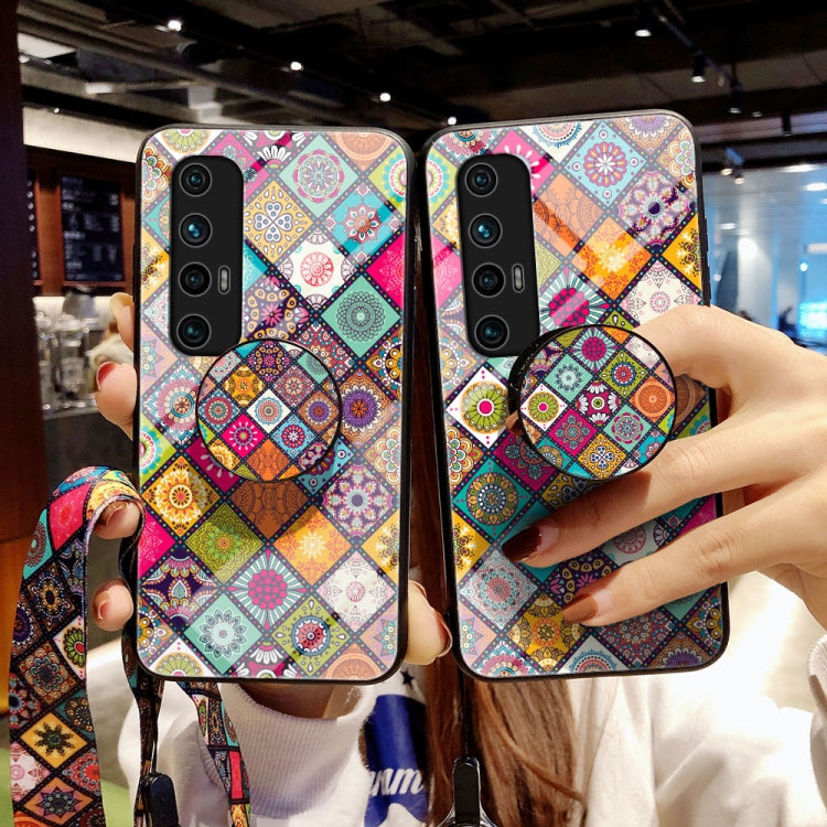 For Xiaomi Mi 10S Painted Ethnic Pattern Tempered Glass TPU Shockproof Case with Folding Magnetic Holder & Neck Strap