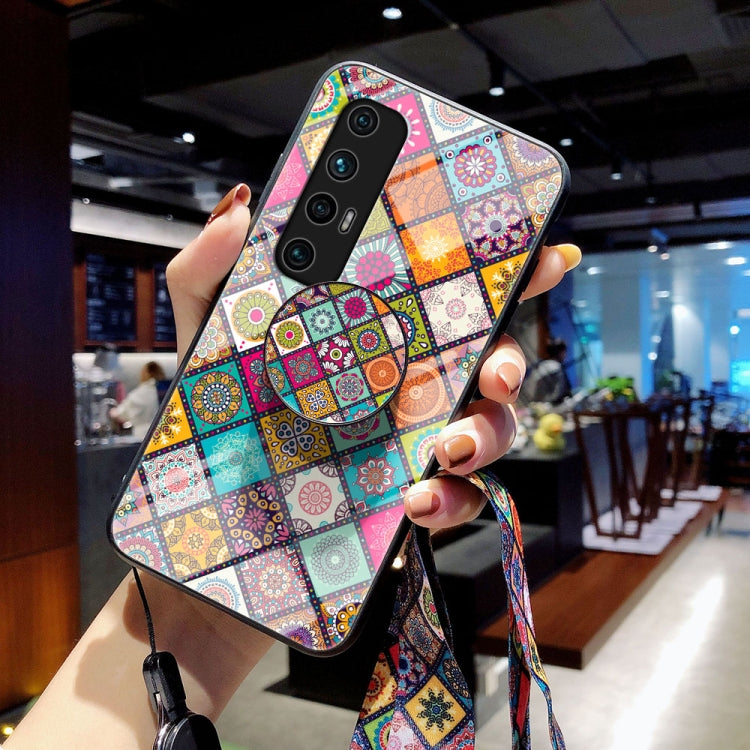 For Xiaomi Mi 10S Painted Ethnic Pattern Tempered Glass TPU Shockproof Case with Folding Magnetic Holder & Neck Strap