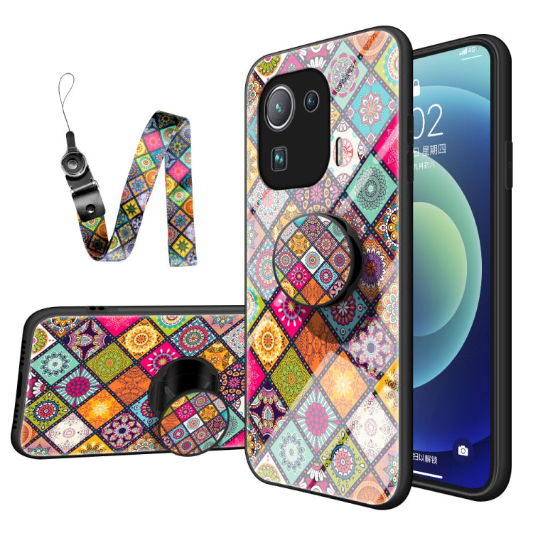 For Xiaomi Mi 11 Pro Painted Ethnic Pattern Tempered Glass TPU Shockproof Case with Folding Magnetic Holder & Neck Strap
