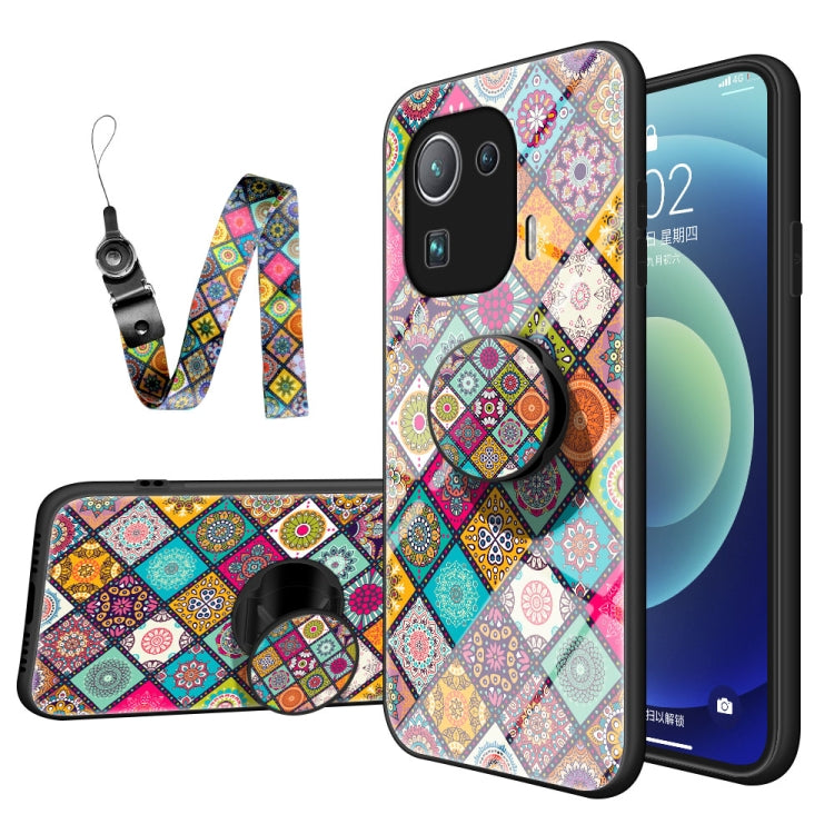 For Xiaomi Mi 11 Pro Painted Ethnic Pattern Tempered Glass TPU Shockproof Case with Folding Magnetic Holder & Neck Strap