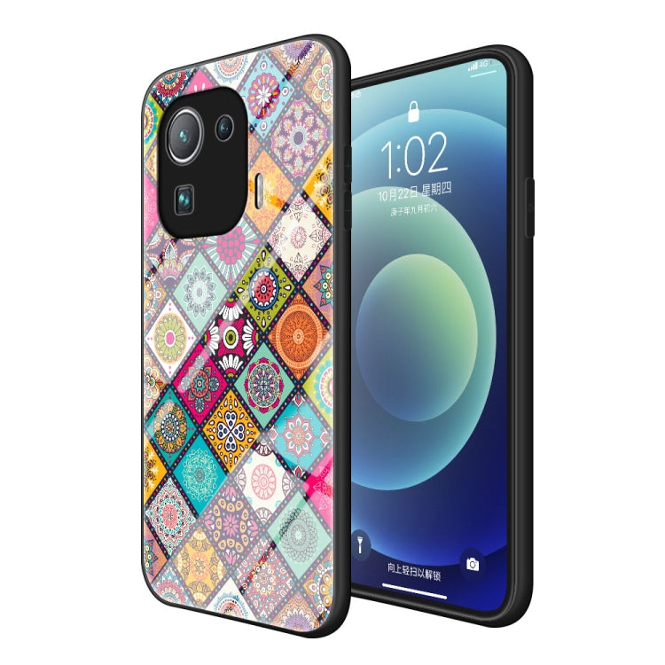 For Xiaomi Mi 11 Pro Painted Ethnic Pattern Tempered Glass TPU Shockproof Case with Folding Magnetic Holder & Neck Strap