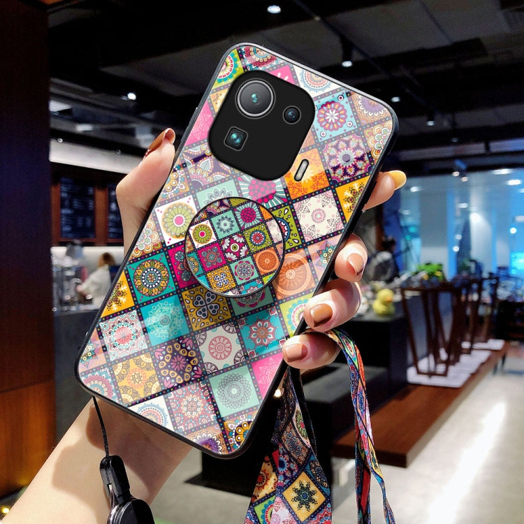 For Xiaomi Mi 11 Pro Painted Ethnic Pattern Tempered Glass TPU Shockproof Case with Folding Magnetic Holder & Neck Strap