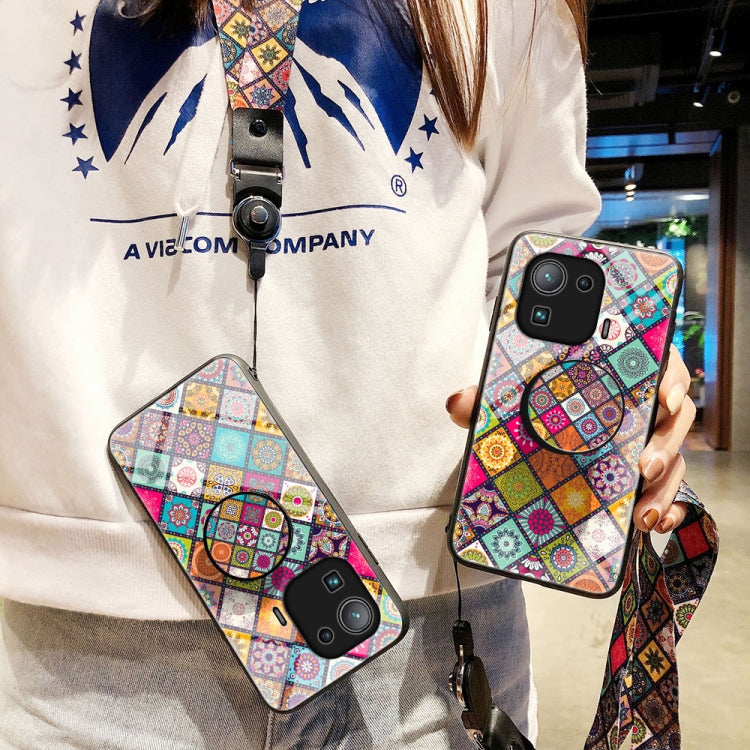 For Xiaomi Mi 11 Pro Painted Ethnic Pattern Tempered Glass TPU Shockproof Case with Folding Magnetic Holder & Neck Strap