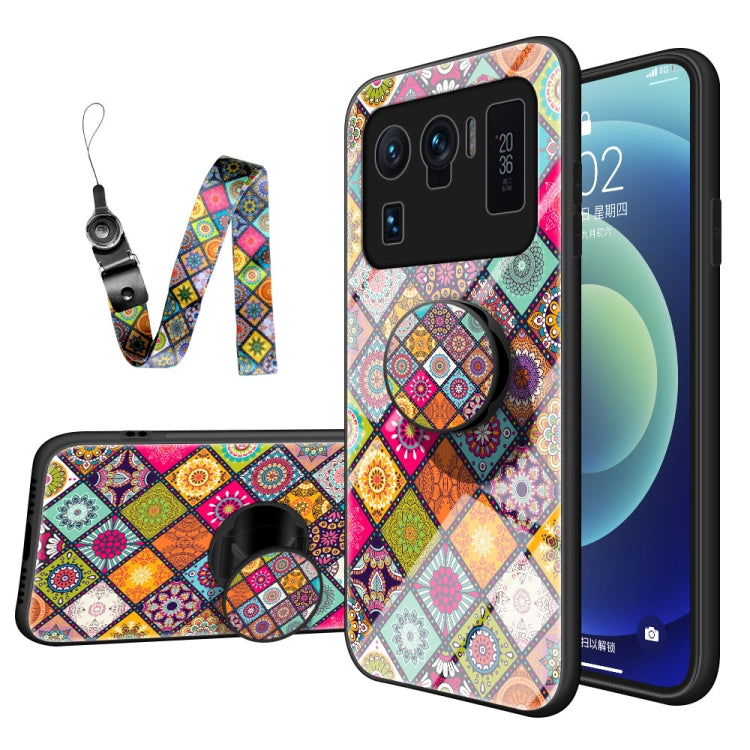 For Xiaomi Mi 11 Ultra Painted Ethnic Pattern Tempered Glass TPU Shockproof Case with Folding Magnetic Holder & Neck Strap