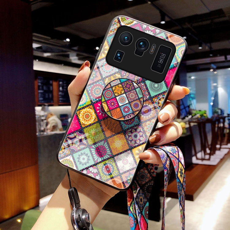 For Xiaomi Mi 11 Ultra Painted Ethnic Pattern Tempered Glass TPU Shockproof Case with Folding Magnetic Holder & Neck Strap