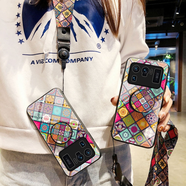 For Xiaomi Mi 11 Ultra Painted Ethnic Pattern Tempered Glass TPU Shockproof Case with Folding Magnetic Holder & Neck Strap