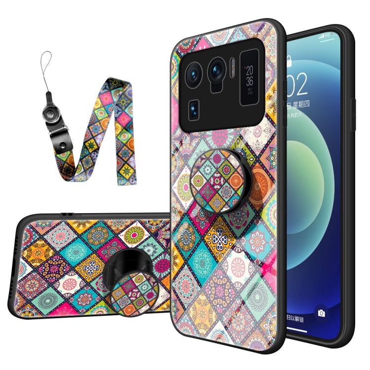 For Xiaomi Mi 11 Ultra Painted Ethnic Pattern Tempered Glass TPU Shockproof Case with Folding Magnetic Holder & Neck Strap