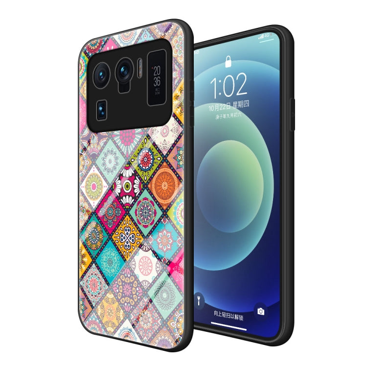 For Xiaomi Mi 11 Ultra Painted Ethnic Pattern Tempered Glass TPU Shockproof Case with Folding Magnetic Holder & Neck Strap