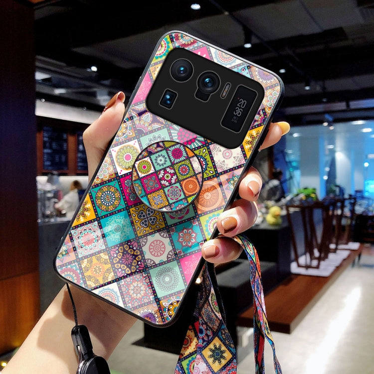 For Xiaomi Mi 11 Ultra Painted Ethnic Pattern Tempered Glass TPU Shockproof Case with Folding Magnetic Holder & Neck Strap