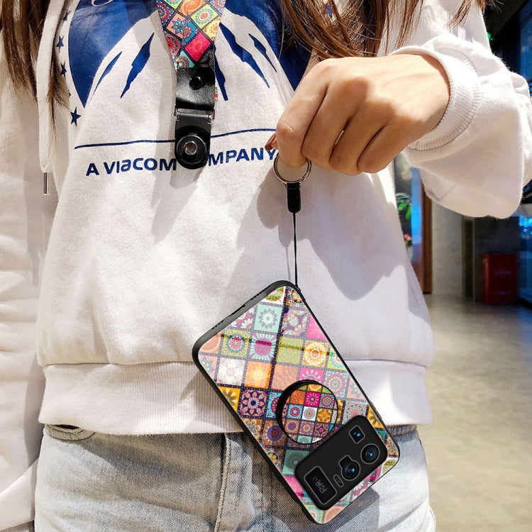 For Xiaomi Mi 11 Ultra Painted Ethnic Pattern Tempered Glass TPU Shockproof Case with Folding Magnetic Holder & Neck Strap