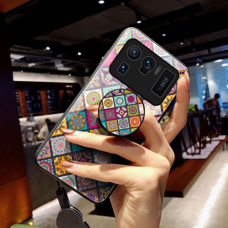 For Xiaomi Mi 11 Ultra Painted Ethnic Pattern Tempered Glass TPU Shockproof Case with Folding Magnetic Holder & Neck Strap