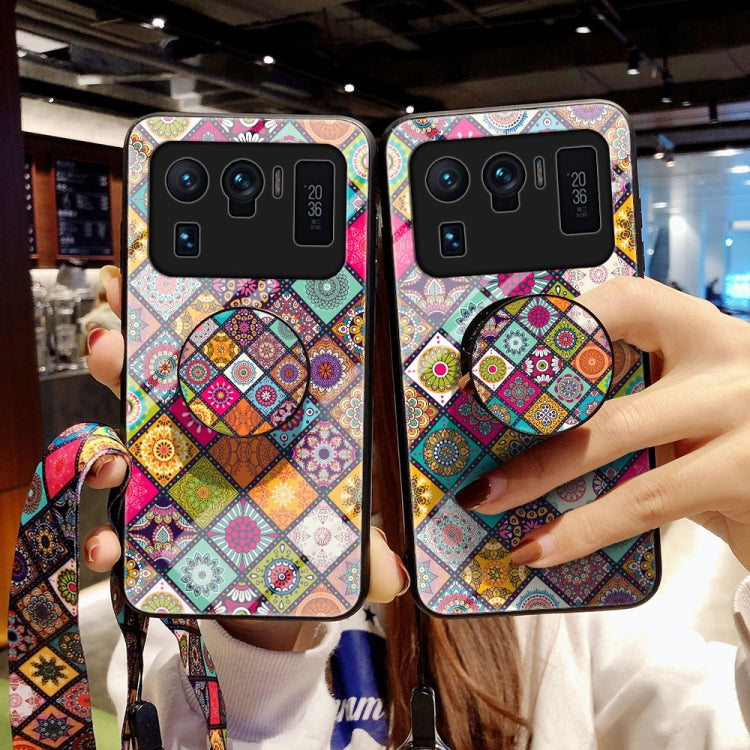 For Xiaomi Mi 11 Ultra Painted Ethnic Pattern Tempered Glass TPU Shockproof Case with Folding Magnetic Holder & Neck Strap