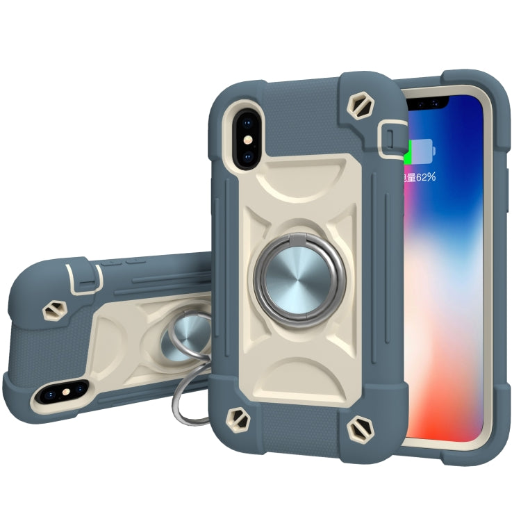 For iPhone X / XS Shockproof Silicone + PC Protective Case with Dual-Ring Holder