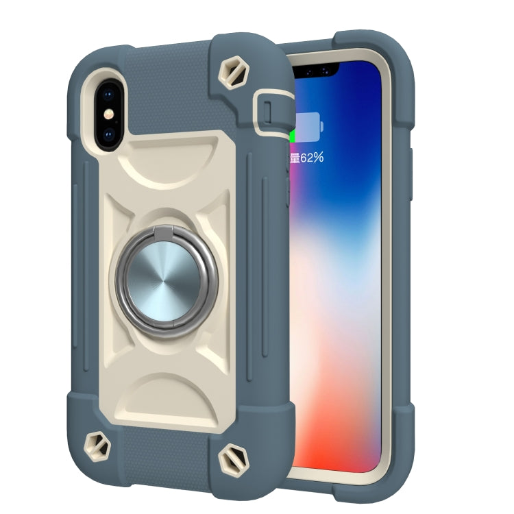 For iPhone X / XS Shockproof Silicone + PC Protective Case with Dual-Ring Holder