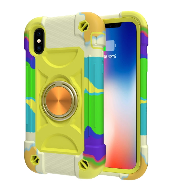 For iPhone X / XS Shockproof Silicone + PC Protective Case with Dual-Ring Holder