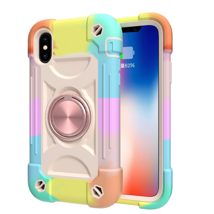 For iPhone X / XS Shockproof Silicone + PC Protective Case with Dual-Ring Holder