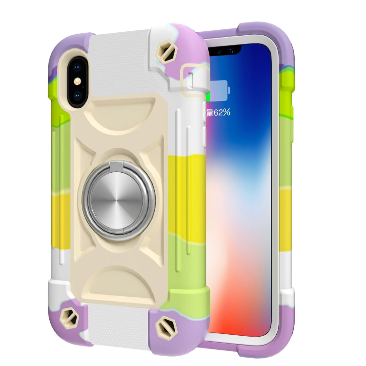 For iPhone X / XS Shockproof Silicone + PC Protective Case with Dual-Ring Holder