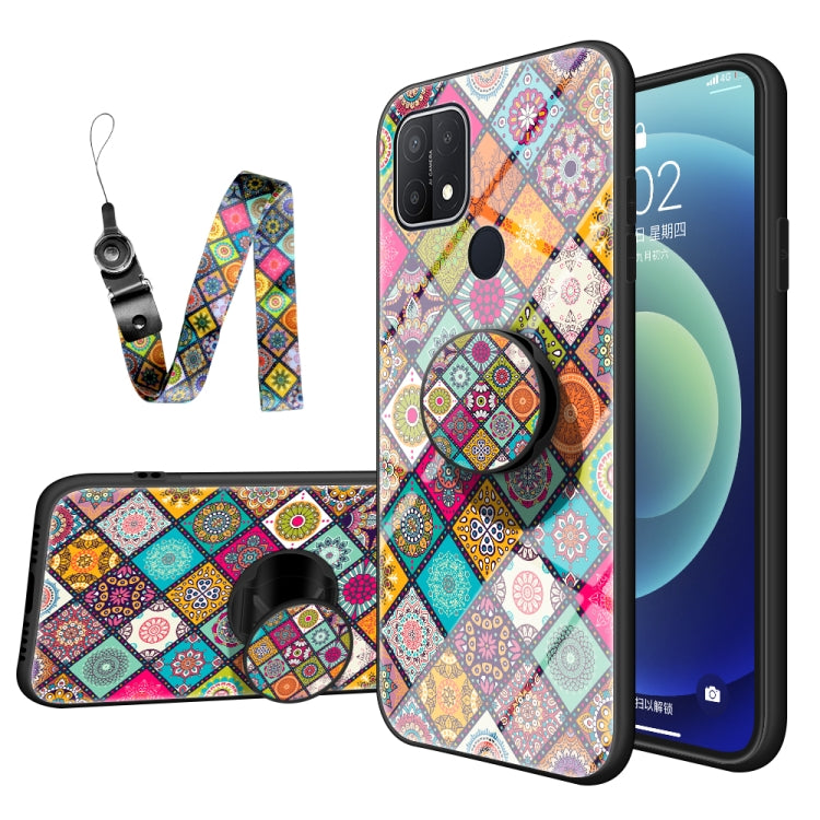 For OPPO A15 Painted Ethnic Pattern Tempered Glass TPU Shockproof Case with Folding Magnetic Holder & Neck Strap