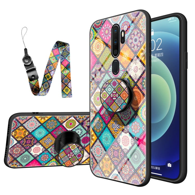 For OPPO A9 2020 / A5 2020 Painted Ethnic Pattern Tempered Glass TPU Shockproof Case with Folding Magnetic Holder & Neck Strap