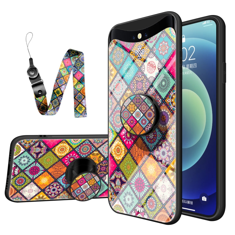 For OPPO Find X Painted Ethnic Pattern Tempered Glass TPU Shockproof Case with Folding Magnetic Holder & Neck Strap