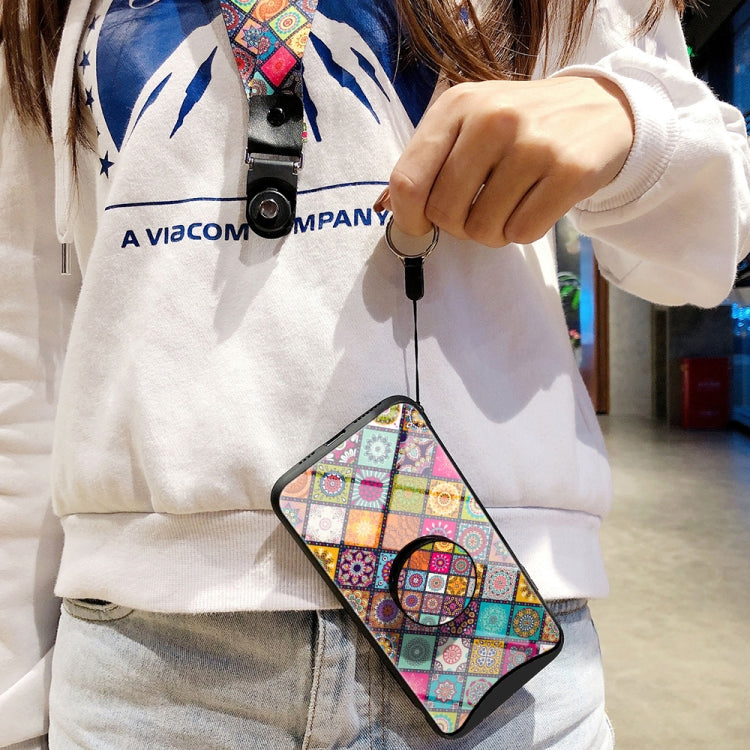 For OPPO Find X Painted Ethnic Pattern Tempered Glass TPU Shockproof Case with Folding Magnetic Holder & Neck Strap