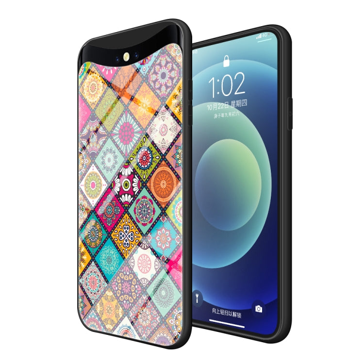 For OPPO Find X Painted Ethnic Pattern Tempered Glass TPU Shockproof Case with Folding Magnetic Holder & Neck Strap