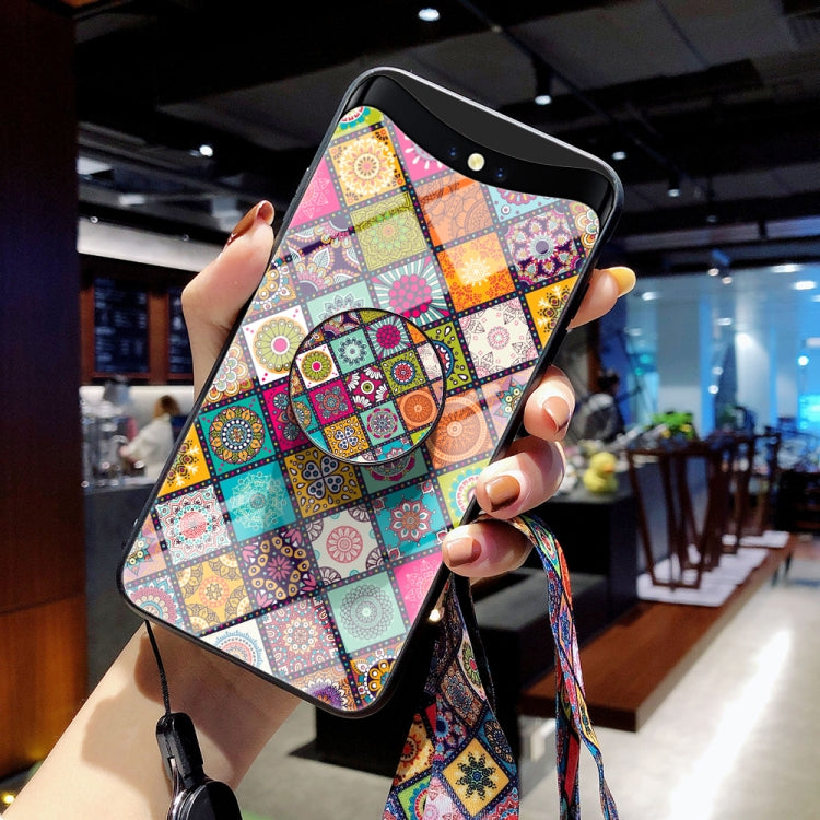 For OPPO Find X Painted Ethnic Pattern Tempered Glass TPU Shockproof Case with Folding Magnetic Holder & Neck Strap