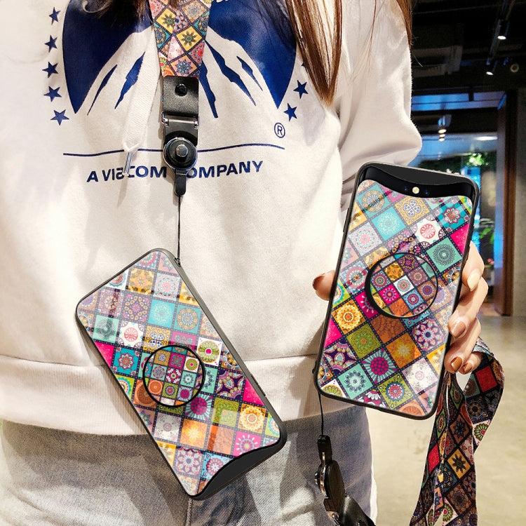 For OPPO Find X Painted Ethnic Pattern Tempered Glass TPU Shockproof Case with Folding Magnetic Holder & Neck Strap