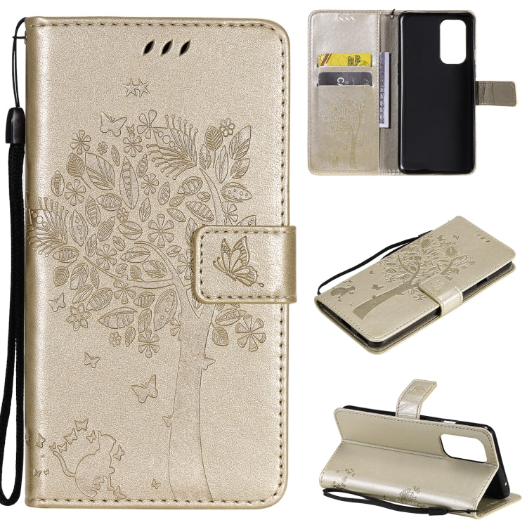 For OnePlus 9 Tree & Cat Pattern Pressed Printing Horizontal Flip PU Leather Case with Holder & Card Slots & Wallet & Lanyard