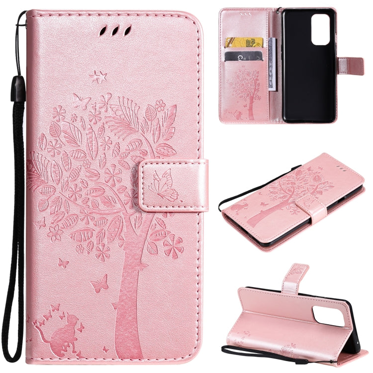 For OnePlus 9 Tree & Cat Pattern Pressed Printing Horizontal Flip PU Leather Case with Holder & Card Slots & Wallet & Lanyard