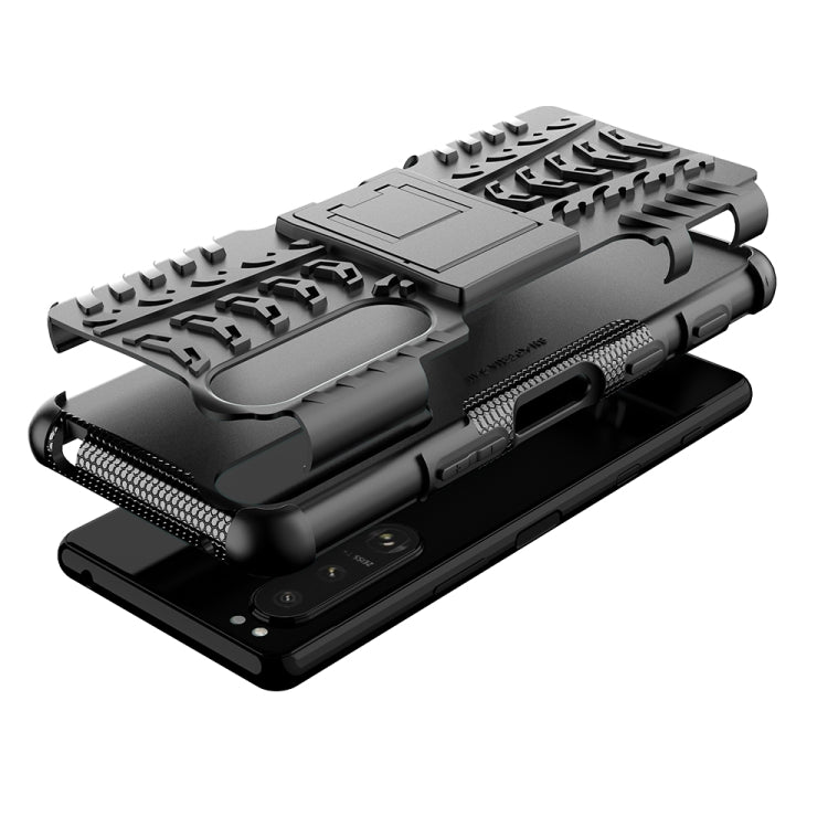 For Sony Xperia 5 III Tire Texture Shockproof TPU+PC Protective Case with Holder