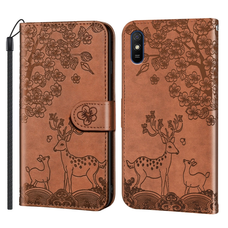 For Xiaomi Redmi 9A Sika Deer Embossing Pattern Horizontal Flip PU Leather Case with Holder & Card Slot & Wallet & Photo Frame