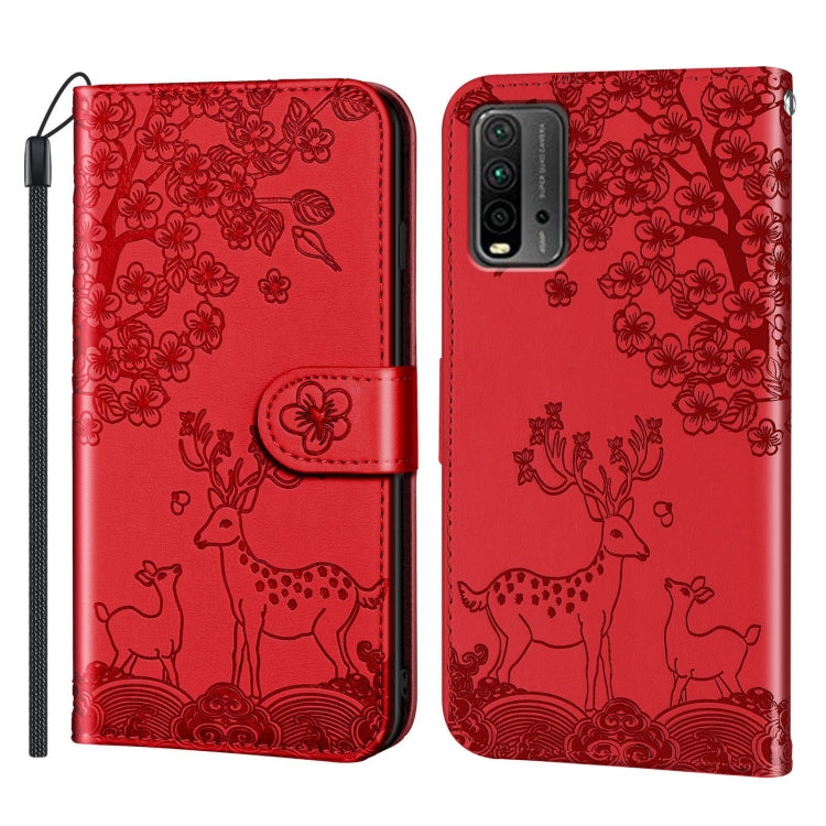 For Xiaomi Redmi 9T Sika Deer Embossing Pattern Horizontal Flip PU Leather Case with Holder & Card Slot & Wallet & Photo Frame