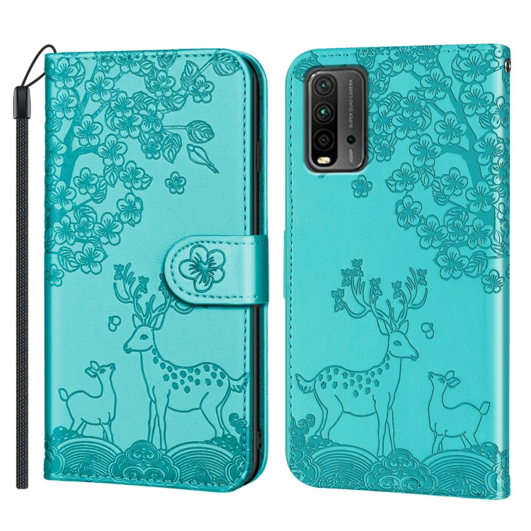 For Xiaomi Redmi 9T Sika Deer Embossing Pattern Horizontal Flip PU Leather Case with Holder & Card Slot & Wallet & Photo Frame