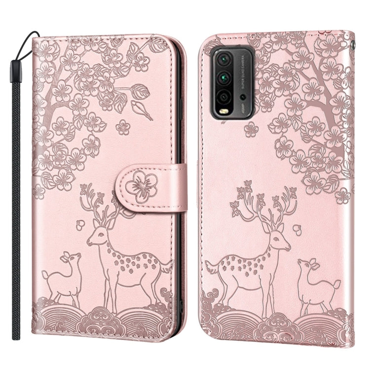 For Xiaomi Redmi 9T Sika Deer Embossing Pattern Horizontal Flip PU Leather Case with Holder & Card Slot & Wallet & Photo Frame