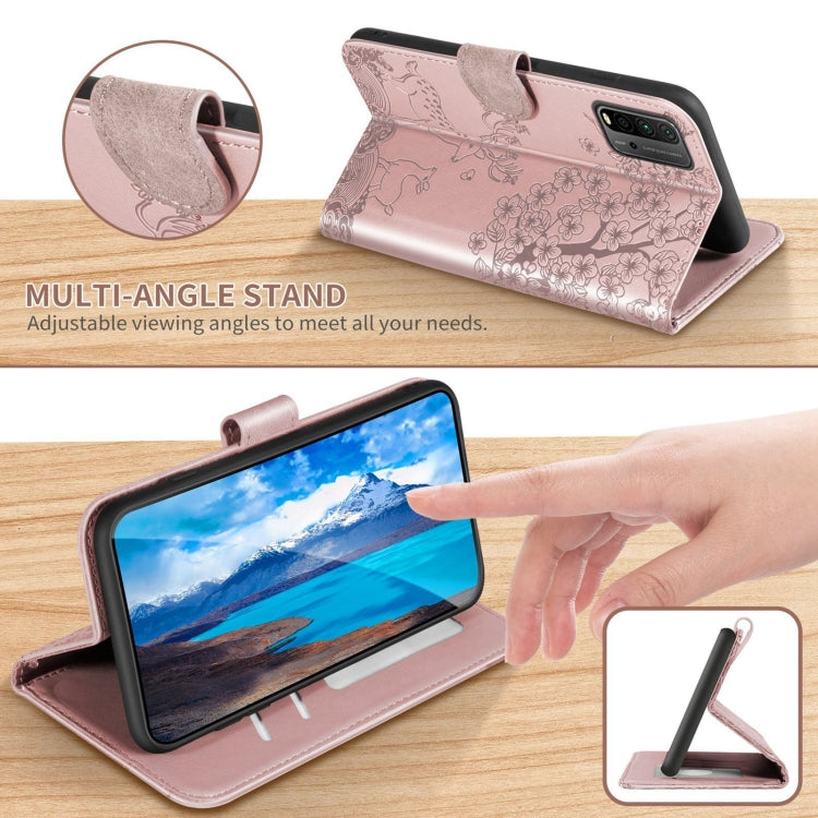 For Xiaomi Redmi 9T Sika Deer Embossing Pattern Horizontal Flip PU Leather Case with Holder & Card Slot & Wallet & Photo Frame