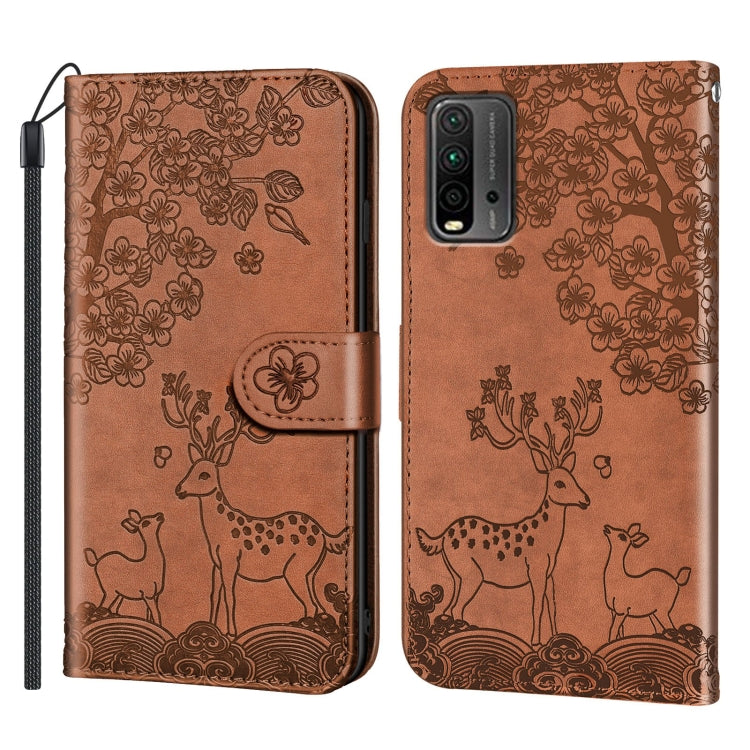 For Xiaomi Redmi 9T Sika Deer Embossing Pattern Horizontal Flip PU Leather Case with Holder & Card Slot & Wallet & Photo Frame
