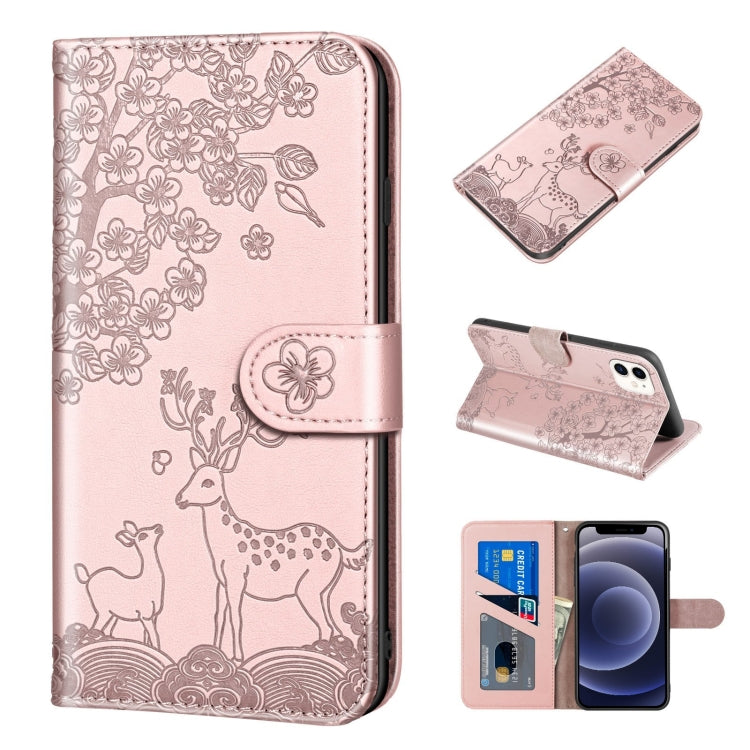 For iPhone 12 mini Sika Deer Embossing Pattern Horizontal Flip PU Leather Case with Holder & Card Slot & Wallet & Photo Frame