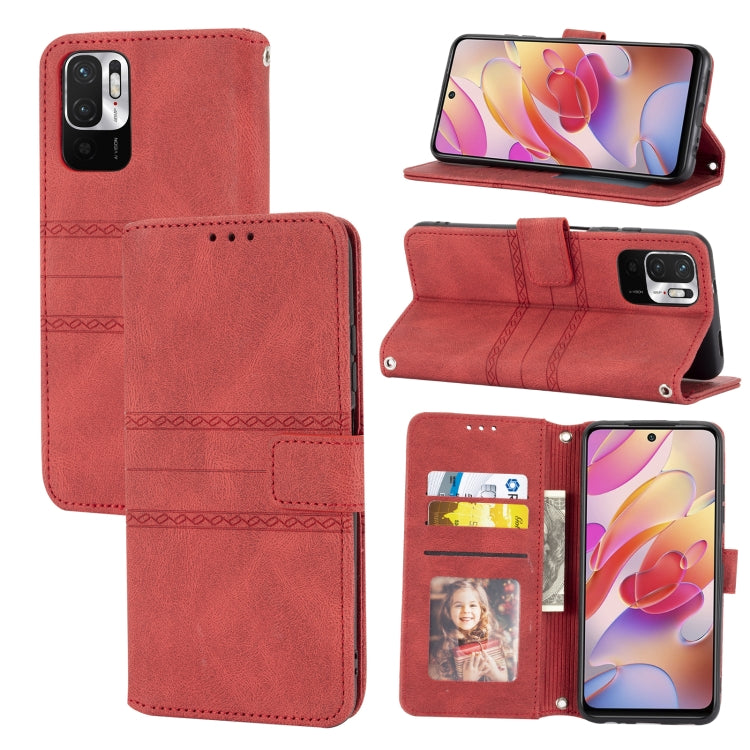 For Xiaomi Redmi Note 10 Embossed Striped Magnetic Buckle PU + TPU Horizontal Flip Leather Case with Holder & Card Slot & Wallet & Photo Frame & Sling