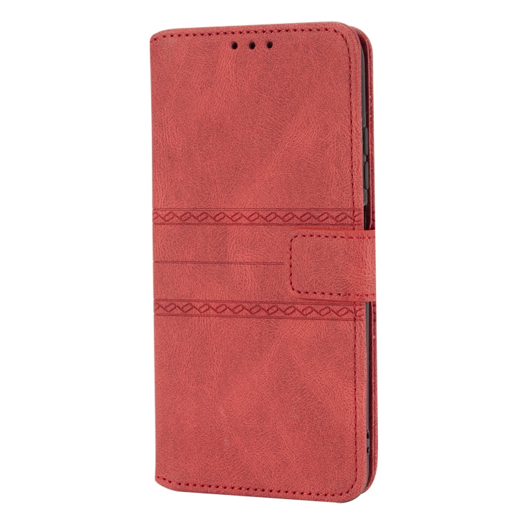 For Xiaomi Redmi Note 10 Embossed Striped Magnetic Buckle PU + TPU Horizontal Flip Leather Case with Holder & Card Slot & Wallet & Photo Frame & Sling