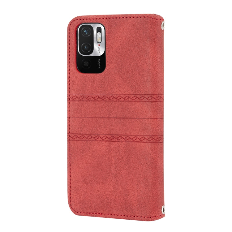 For Xiaomi Redmi Note 10 Embossed Striped Magnetic Buckle PU + TPU Horizontal Flip Leather Case with Holder & Card Slot & Wallet & Photo Frame & Sling