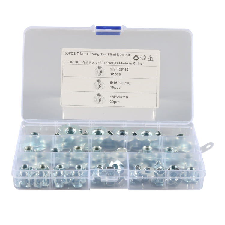 A6342 50 PCS T-Nut 4 Pronged Tee Blind Nuts Assortment Kit