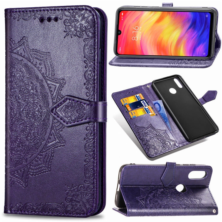 For Xiaomi Redmi Note 7 Halfway Mandala Embossing Pattern Horizontal Flip Leather Case with Holder & Card Slots & Wallet & Lanyard