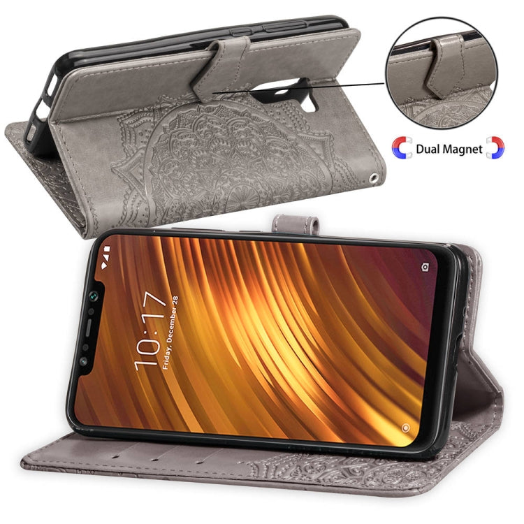 For Xiaomi Pocophone F1 Halfway Mandala Embossing Pattern Horizontal Flip Leather Case with Holder & Card Slots & Wallet & Lanyard